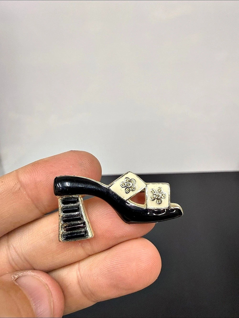 Signed SFJ 0104 Black & Ivory Enamel High Heel Shoe Brooch